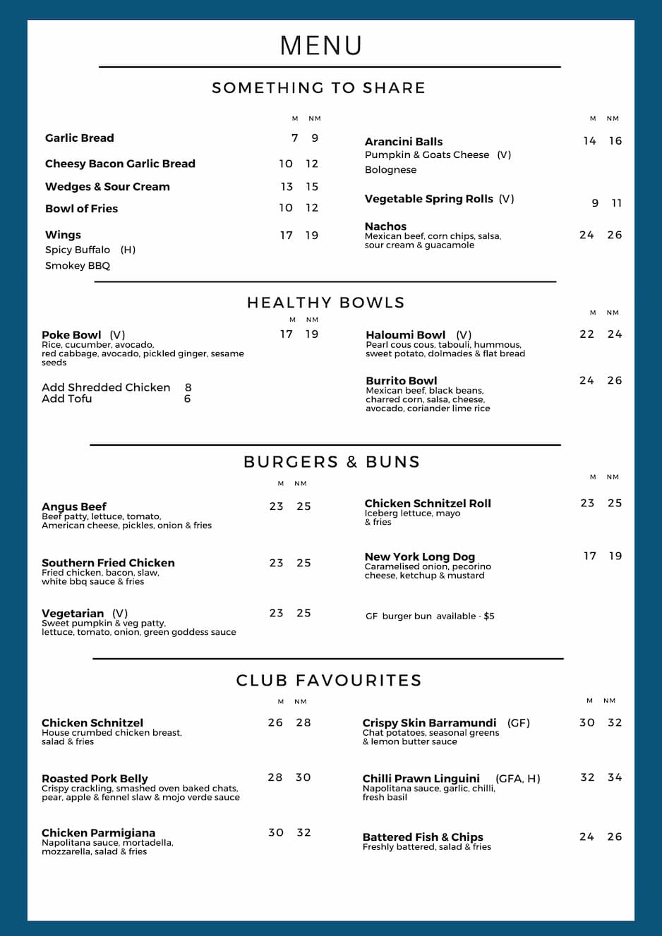 Gladesville Sporties Lunch Menu