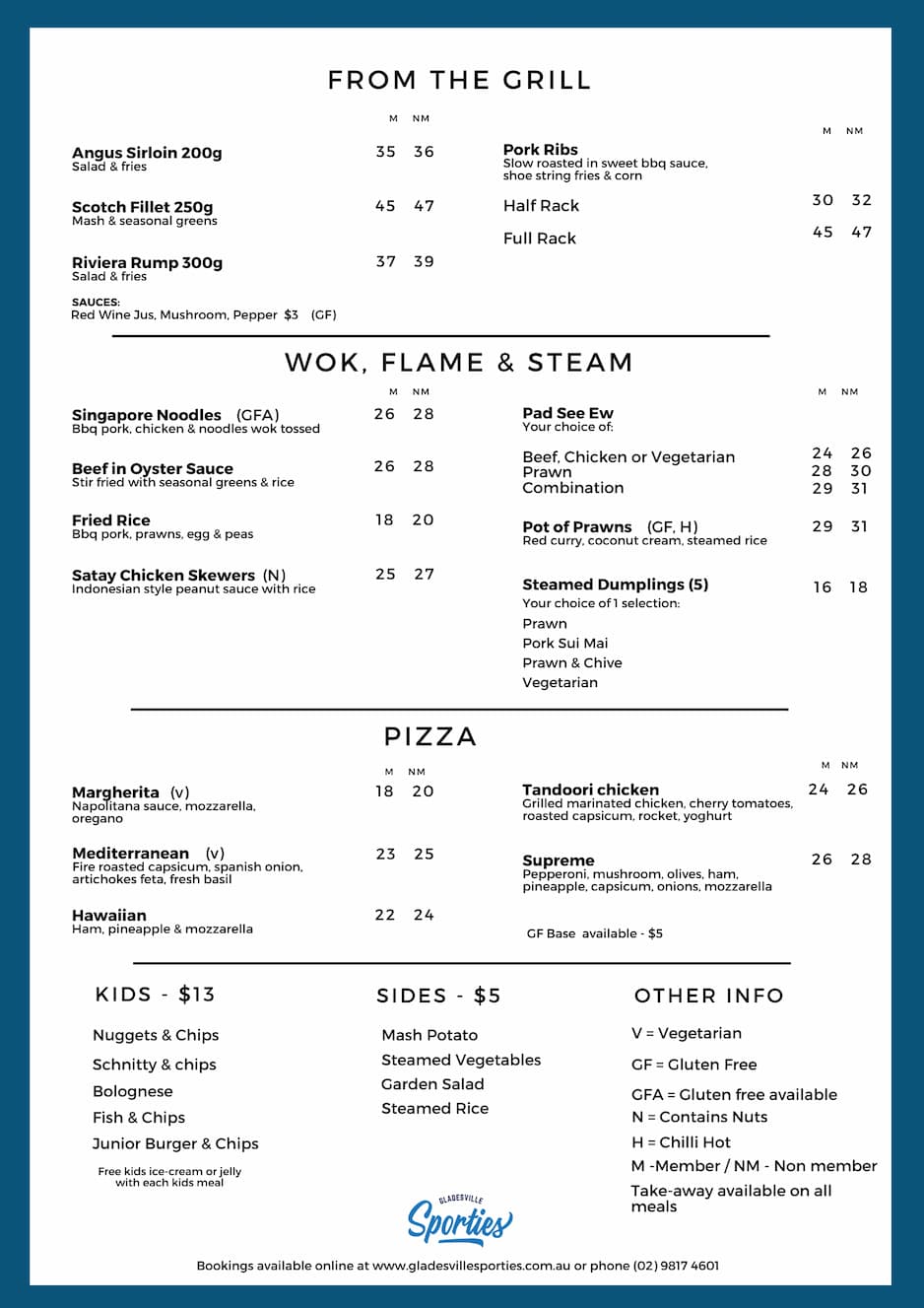 Gladesville Sporties Lunch Menu