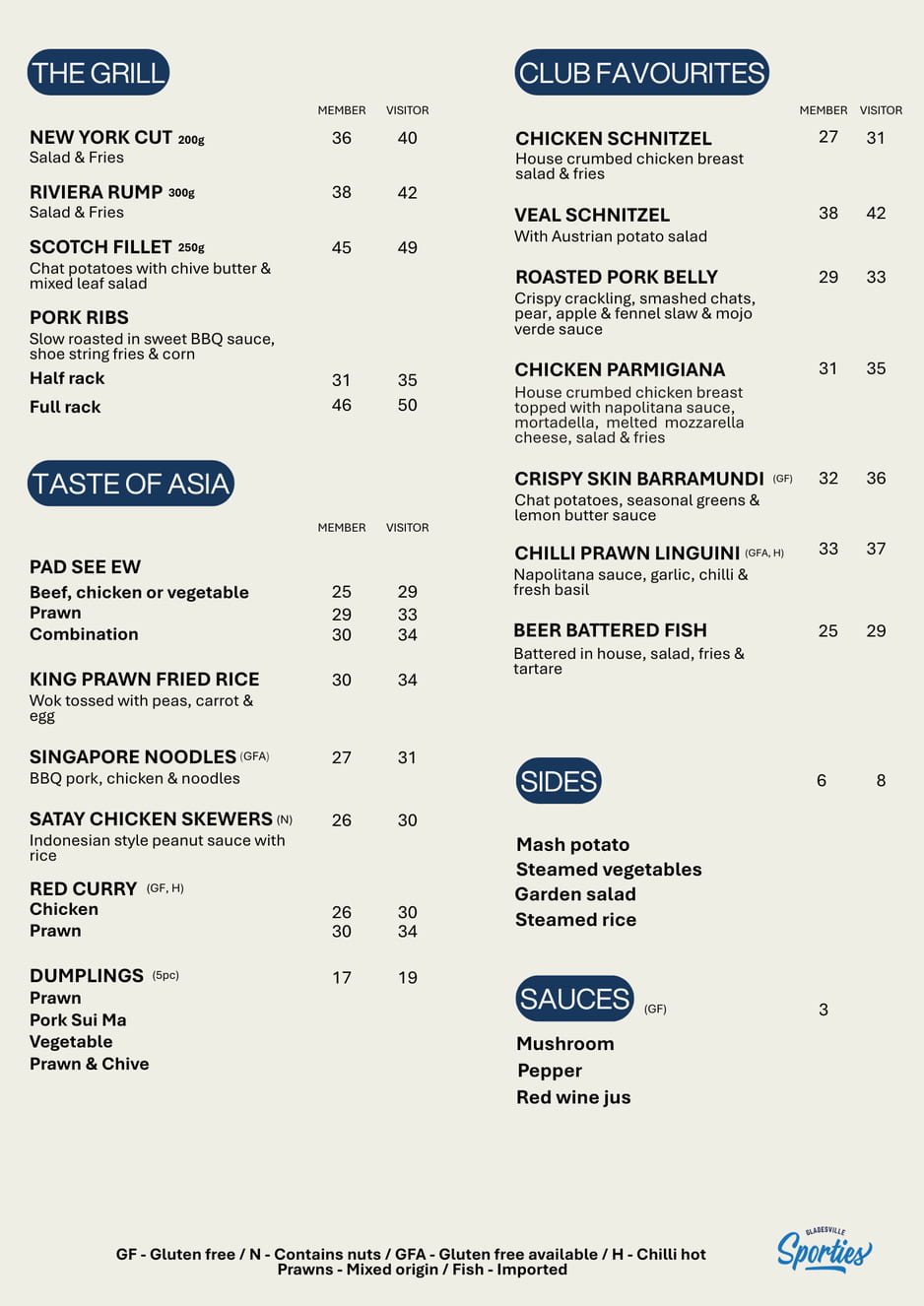 Gladesville Sporties Lunch Menu
