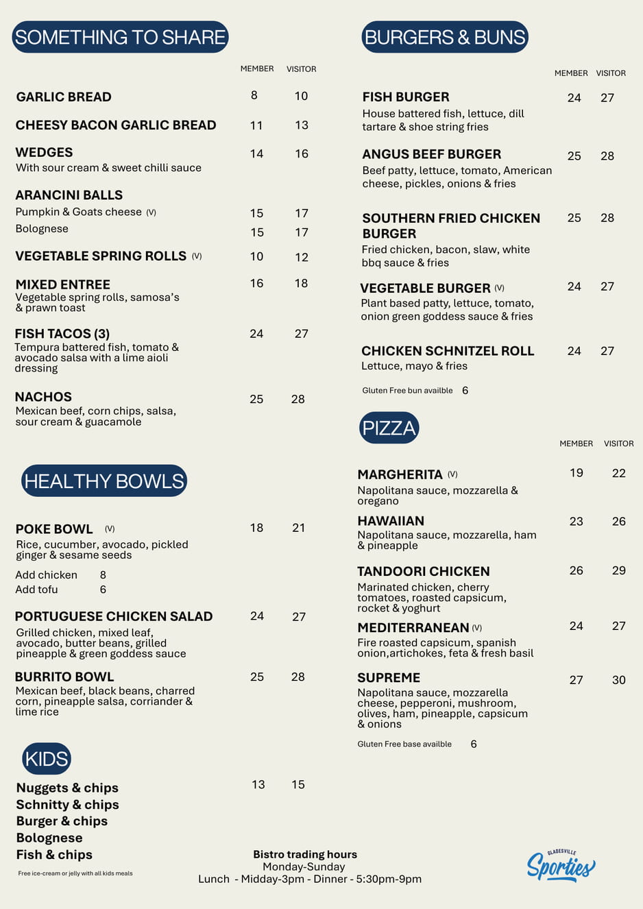 Gladesville Sporties Lunch Menu