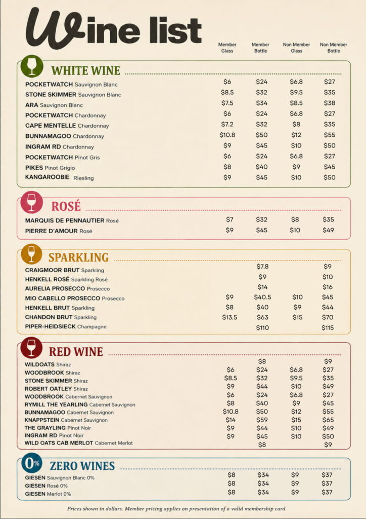 Gladesville Sporties Wine Menu